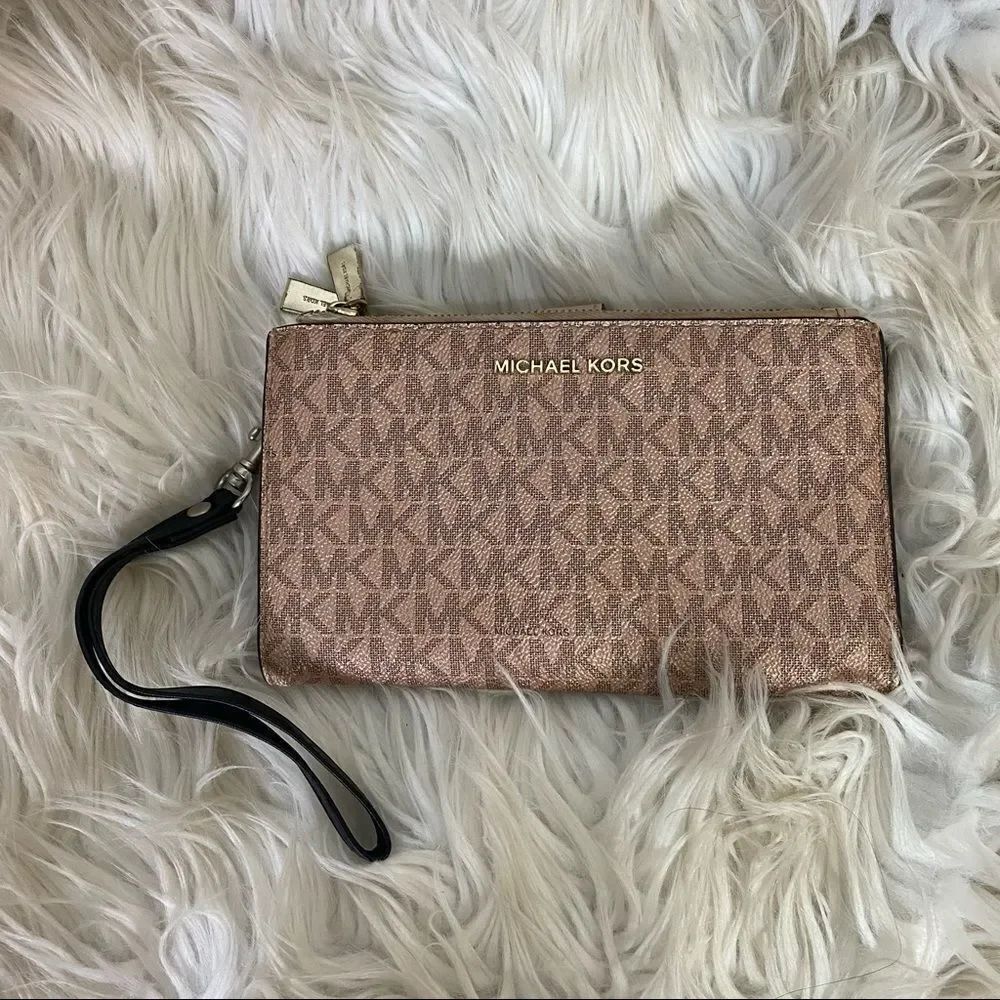 Michael Kors Pink Monogram Double Zip Wristlet Wallet